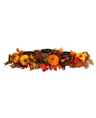 36" Autumn Maple Leaves, Pumpkin and Berries Fall Harvest Candelabrum Arrangement