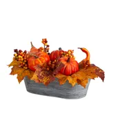 12" Fall Pumpkin and Berries Autumn Harvest Artificial Arrangement in Washed Vase