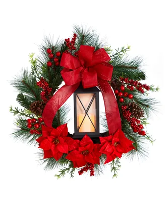 Poinsettia and Berry Holiday Lantern Christmas Wreath with Led Candle, 28"