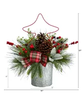 Pinecone and Berries Artificial Christmas Arrangement with Decorative Metal Vase and Wire Christmas Tree, 17"