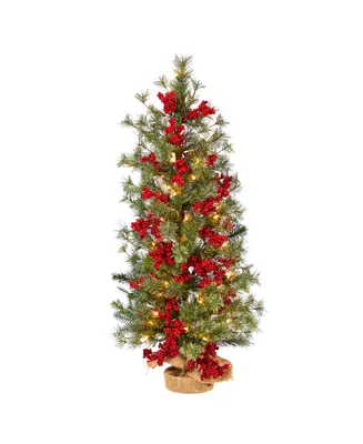 Berry and Pine Artificial Christmas Tree with 50 Warm Lights and Burlap Wrapped Base, 3'