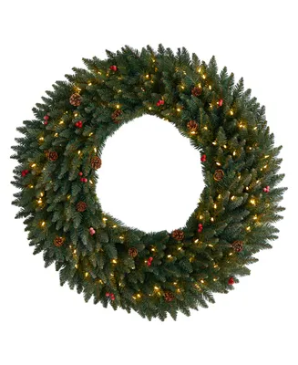 Large Flocked Artificial Christmas Wreath with Pinecones, Berries, 150 Clear Led Lights and 400 Bendable Branches, 4'