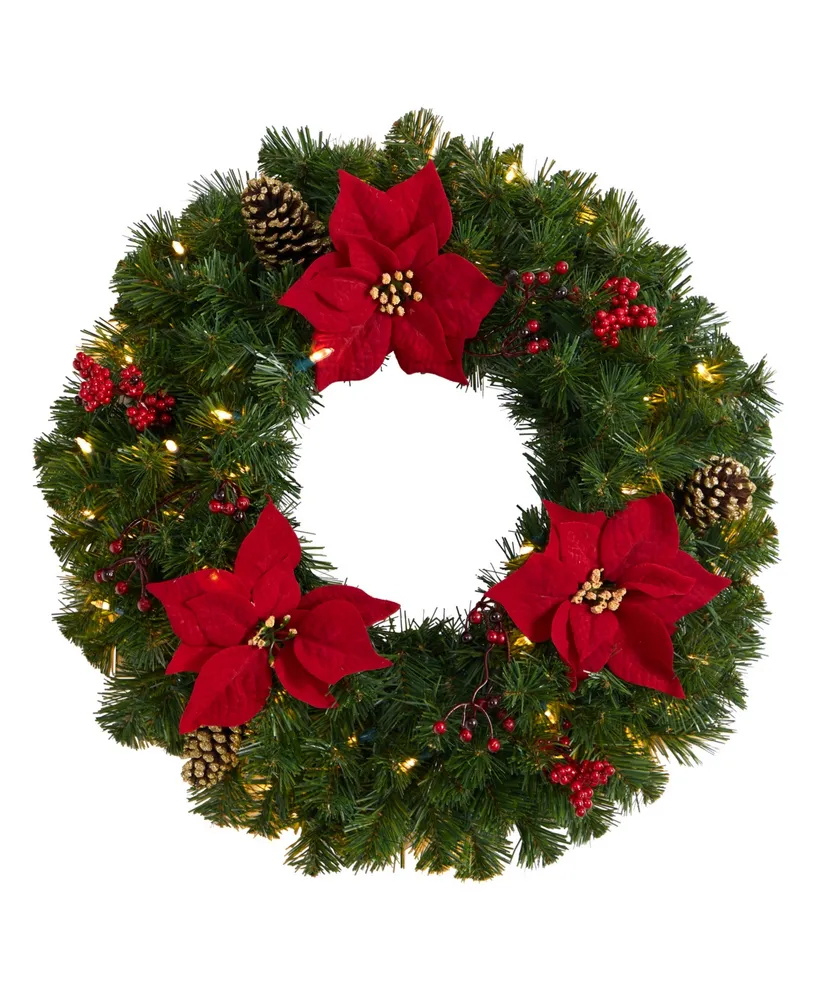 Poinsettia, Berry and Pinecone Artificial Wreath with 50 Warm Led Lights, 24"