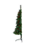 Flat Back Montreal Mountain Pine Artificial Christmas Tree with Pinecones, Berries and Warm Led Lights and Bendable Branches