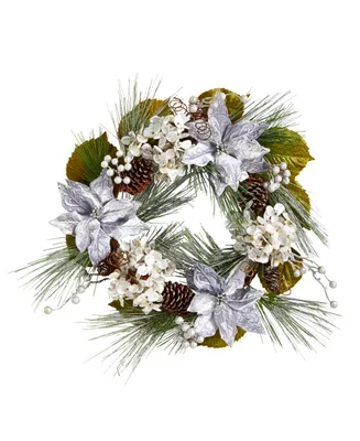 Poinsettia, Hydrangea and Pinecones Artificial Christmas Wreath, 24" - Silver