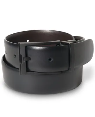 Perry Ellis Portfolio Men's Matte Black Reversible Buckle Leather Belt