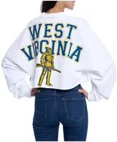 Women's White West Virginia Mountaineers Raw Hem Cropped Long Sleeve T-shirt