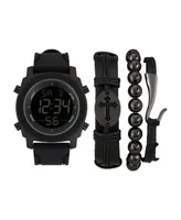 American Exchange Men's Quartz Digital Dial Black Silicone Strap Watch and Assorted Black Stackable Bracelets Gift Set, Set of 4