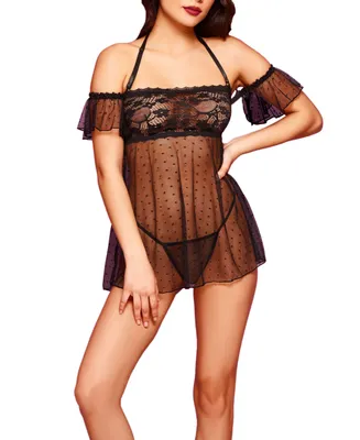 Hauty Odette Dot Mesh and Lace Babydoll & Thong 2pc Lingerie Set