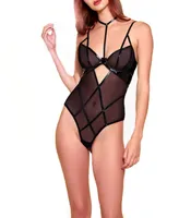 Women's Sabrina Vinyl and Mesh Underwire Soft Cup Teddy with Front Keyhole Removable Neck Choker