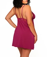 Plus Josie Modal Chemise Trimmed Elegant Tonal Lace Lingerie - Raspberry