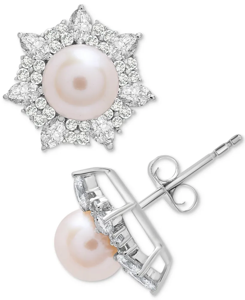 Cultured Freshwater Pearl (6mm) & Lab-Created White Sapphire (1 ct. t.w.) Flower Stud Earrings in Sterling Silver