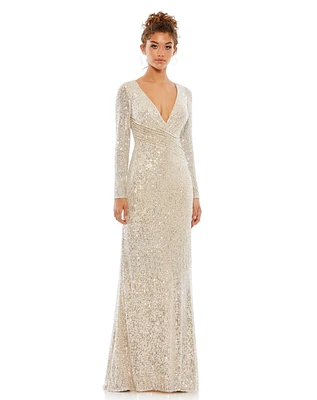 Mac Duggal Women's Ieena Sequined Faux Wrap Long Sleeve Column Gown