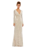 Mac Duggal Women's Ieena Sequined Faux Wrap Long Sleeve Column Gown