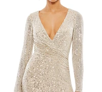 Mac Duggal Women's Ieena Sequined Faux Wrap Long Sleeve Column Gown