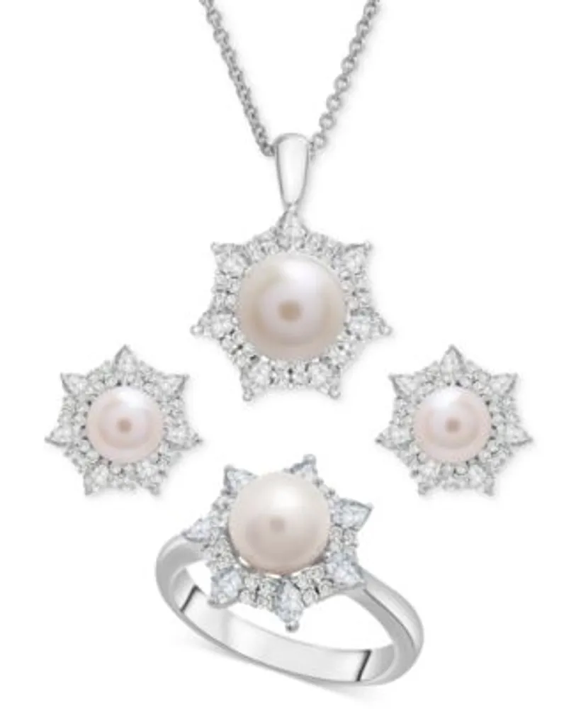 Cultured Freshwater Pearl Lab Created White Sapphire Flower Necklace Ring Earrings Collection