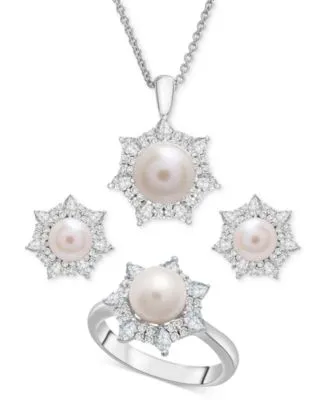 Cultured Freshwater Pearl Lab Created White Sapphire Flower Necklace Ring Earrings Collection