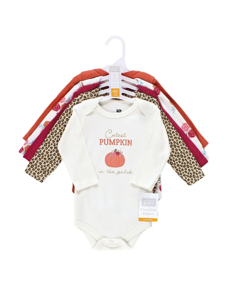 Hudson Baby Girls Cotton Long-Sleeve Bodysuits, Cutest Pumpkin, 5-Pack