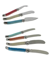 French Home Laguiole Coral and Turquoise Cheese Knife and Spreader Set, 7 Piece.