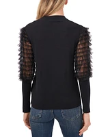 CeCe Women's Sheer Ruffled Balloon Sleeve Crewneck Sweater