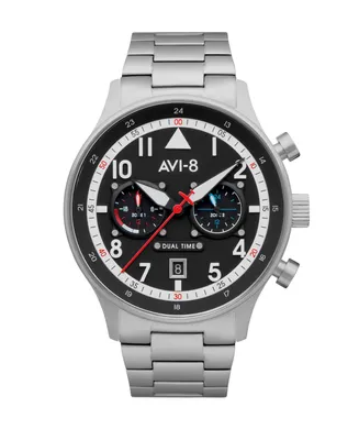 Avi-8 Men's Hawker Hurricane Carey Dual Time Rangoon Silver-Tone Solid Stainless Steel Bracelet Watch 43mm - Silver