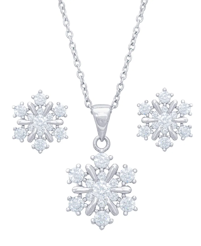 Silver Plated Cubic Zirconia Snowflake Earrings and Pendant Necklace Set