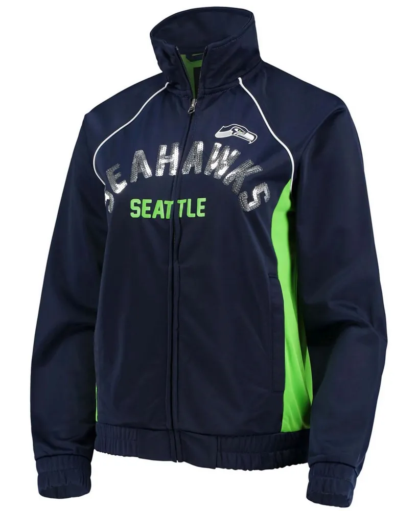 Women's College Navy and Neon Green Seattle Seahawks Backfield Raglan Full-Zip Track Jacket