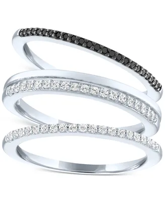 3-Pc. Set White Diamond (1/5 ct. t.w.) & Black (1/20 Stack Rings Sterling Silver