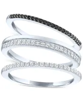 3-Pc. Set White Diamond (1/5 ct. t.w.) & Black Diamond (1/20 ct. t.w.) Stack Rings in Sterling Silver