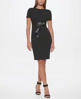 Calvin Klein Solid Faux-Leather Tie-Waist Sheath Dress