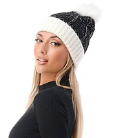 Marcus Adler Women's Lurex Colorblock Faux Fur Pom Beanie