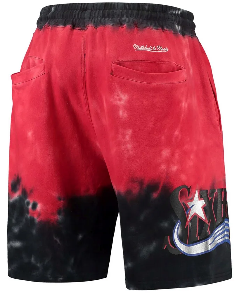 Men's Black, Red Philadelphia 76ers Hardwood Classics Terry Tie-Dye Shorts