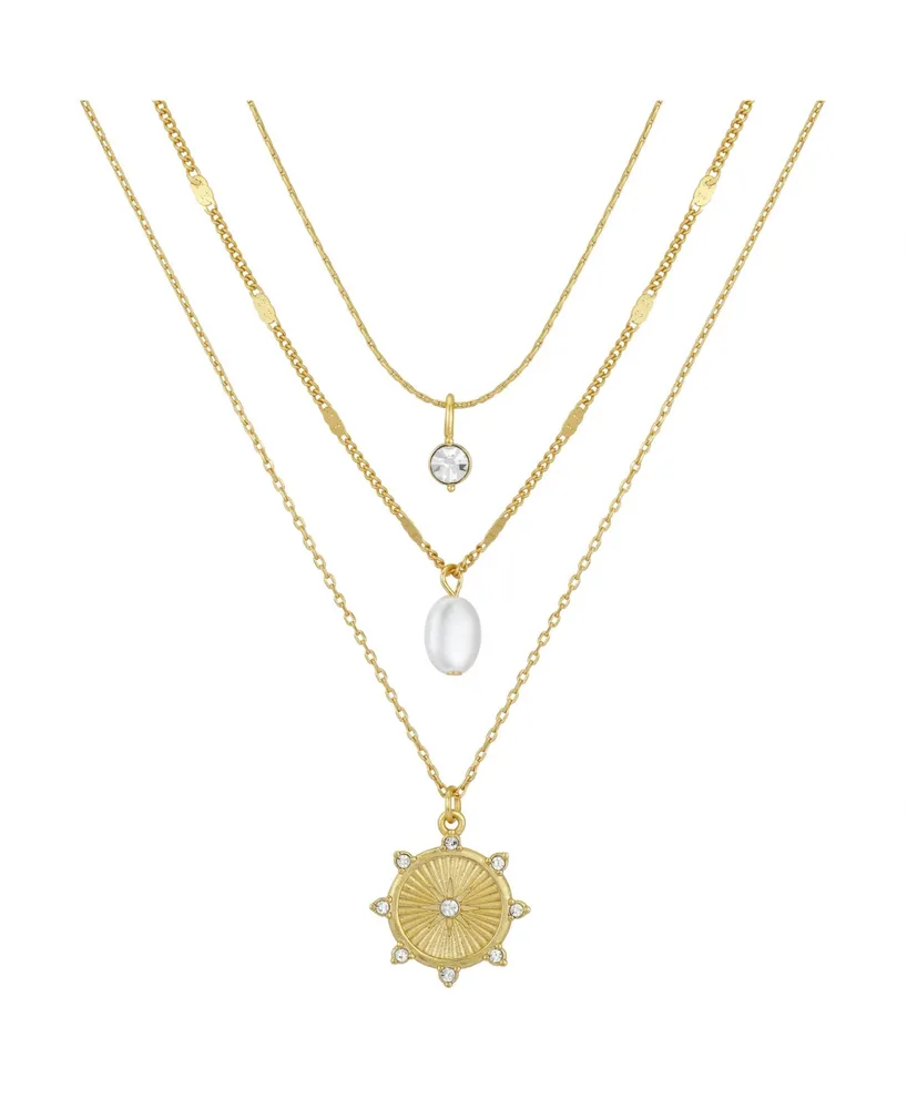 14K Gold Flash-Plated 3-Pieces Imitation Pearl and Genuine Crystal Layered Pendants Set