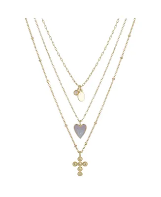 14K Gold Flash-Plated 3-Pieces Genuine Mother Of Pearl Heart and Cross Layered Pendants Set