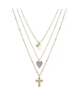 14K Gold Flash-Plated 3-Pieces Genuine Mother Of Pearl Heart and Cross Layered Pendants Set
