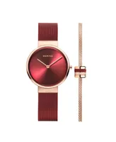 Bering Women's Classic Red Stainess Steel Milanese Mesh Bracelet Watch 31mm and Rose Gold-Tone Crystal Accent Bead Bracelet Gift Box Set