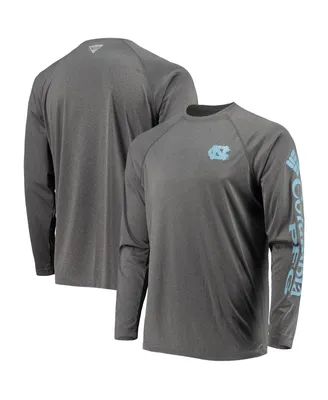 Men's Heathered Charcoal North Carolina Tar Heels Pfg Terminal Tackle Raglan Omni-Shade Long Sleeve T-shirt