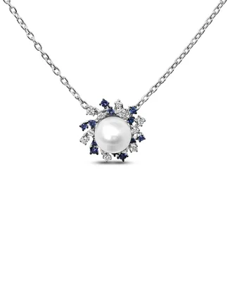 Cultured Freshwater Pearl (7mm) & Cubic Zirconia Scattered Halo 18" Pendant Necklace in Sterling Silver