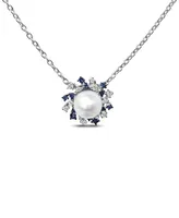 Cultured Freshwater Pearl (7mm) & Cubic Zirconia Scattered Halo 18" Pendant Necklace in Sterling Silver