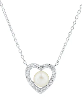 Cultured Freshwater Pearl (5-1/2mm) & White Topaz (1/3 ct. t.w.) Heart 18" Pendant Necklace in Sterling Silver
