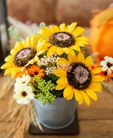 8" Artificial Sunflowers Mix in Tin Pot
