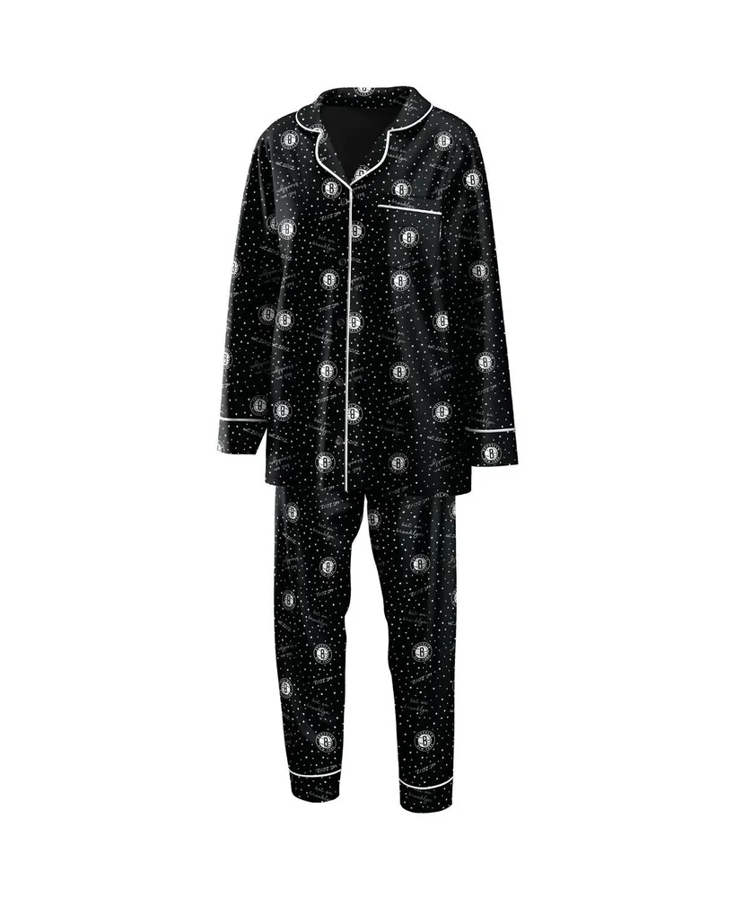 Women's Black Brooklyn Nets Long Sleeve Button-Up Shirt Pants Sleep Set