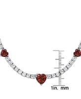 Simulated Ruby and Cubic Zirconia Heart Station Necklace in Fine Silver Plate