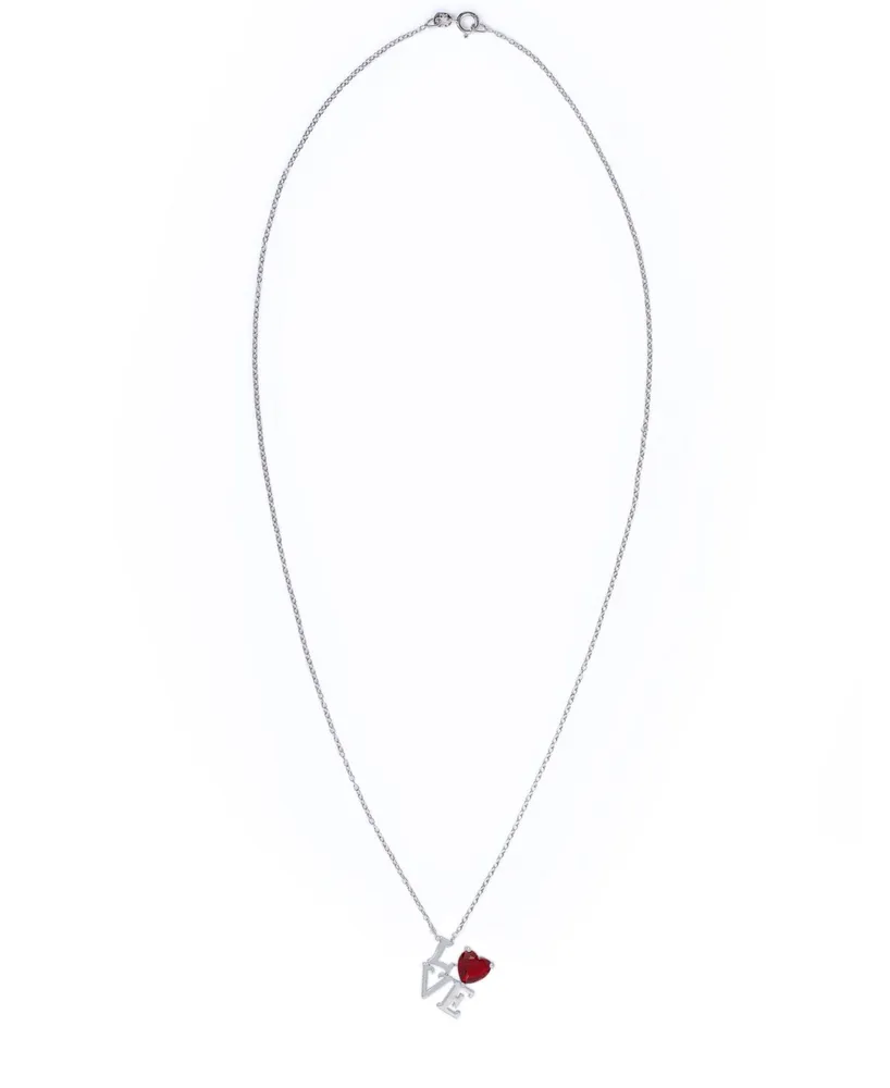 Simulated Ruby 'Love' Pendant Necklace in Fine Silver Plate