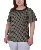 Plus Short Sleeve Knit Top with Sheer Inset