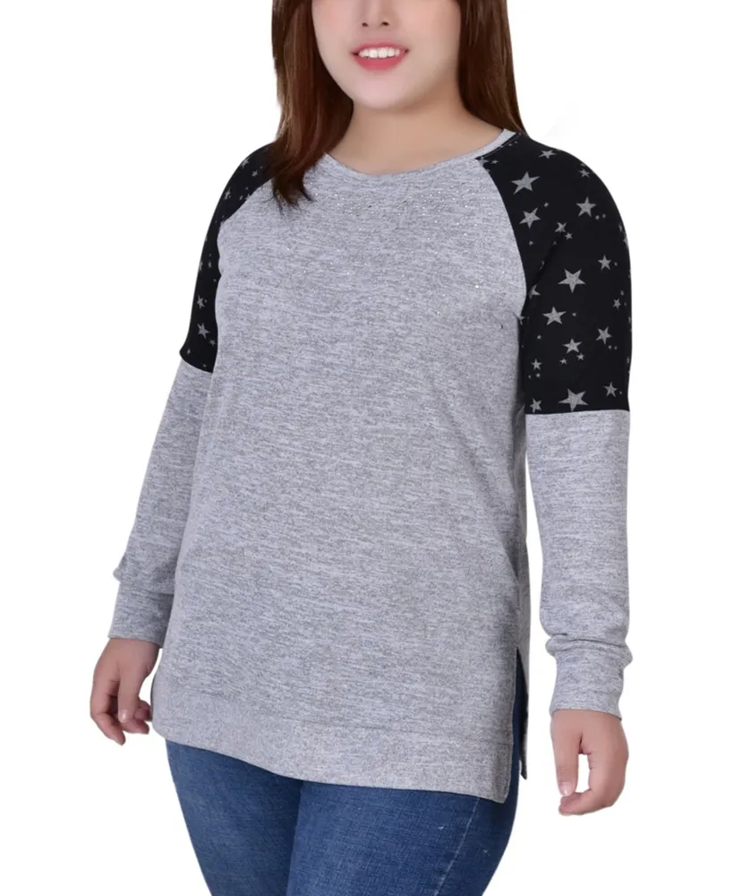 Plus Size Long Sleeve Knit with Print Shoulder Insets Top