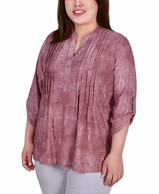Plus Size 3/4 Roll Tab Sleeve Y-Neck Top
