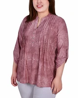 Plus Size 3/4 Roll Tab Sleeve Y-Neck Top
