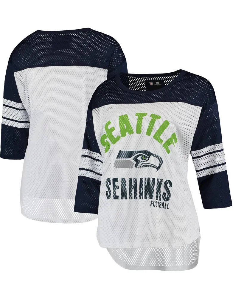 Women's G-iii 4Her by Carl Banks White and College Navy Seattle Seahawks First Team Three-Quarter Sleeve Mesh T-shirt