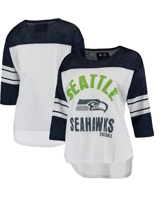 Women's G-iii 4Her by Carl Banks White and College Navy Seattle Seahawks First Team Three-Quarter Sleeve Mesh T-shirt